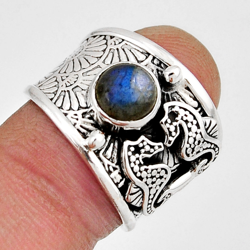 925 silver 2.59cts solitaire natural labradorite seahorse ring size 6.5 y54519
