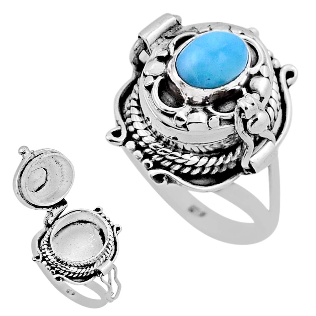 925 silver 1.62cts solitaire natural larimar oval poison box ring size 8 n40896