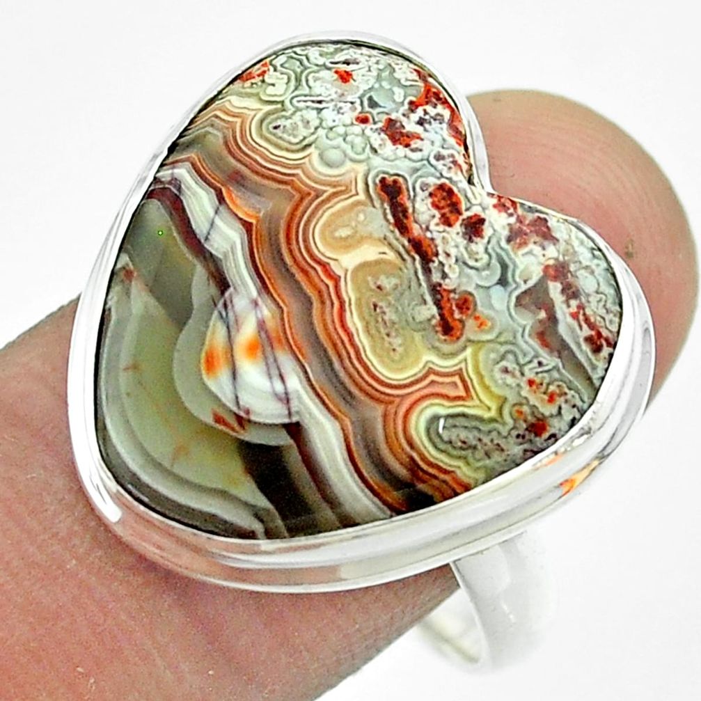 925 silver solitaire natural mexican laguna lace agate heart ring size 10 t54178