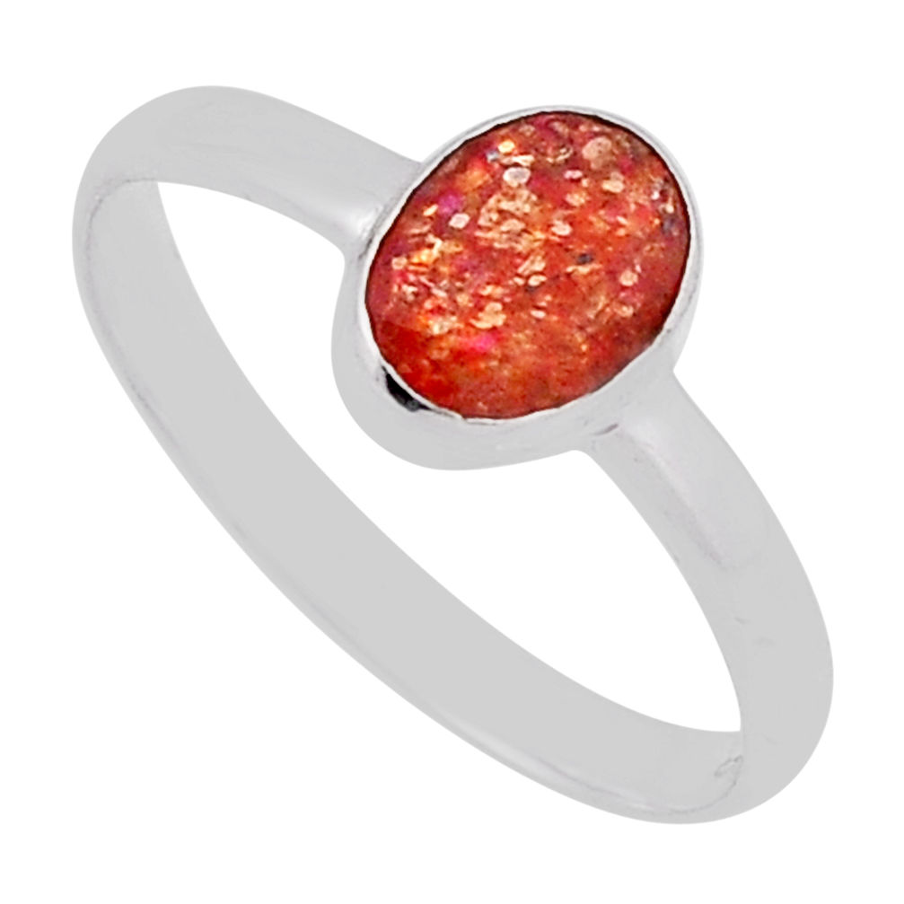 925 silver 2.41cts solitaire natural orange sunstone oval ring size 8.5 n37369