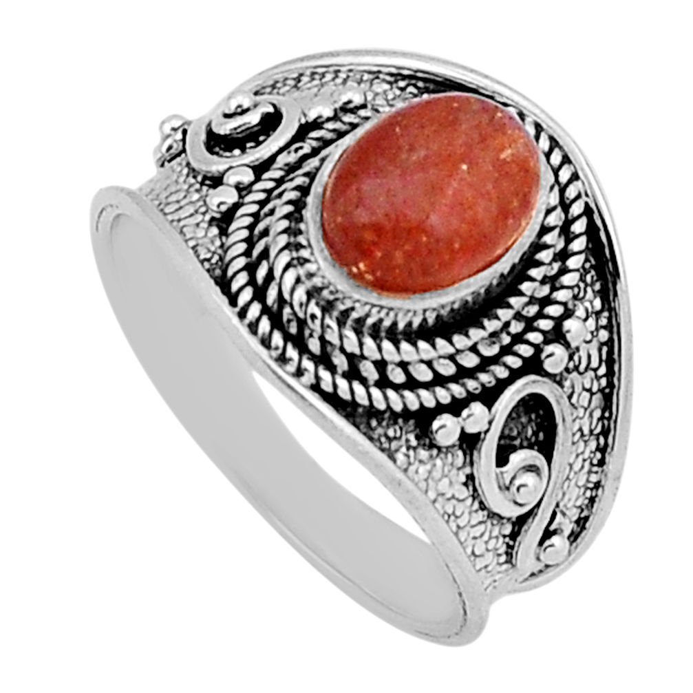 925 silver 2.01cts solitaire natural orange sunstone oval ring size 6.5 n42889