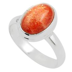 925 silver 4.48cts solitaire natural orange sunstone oval ring size 7.5 u21893
