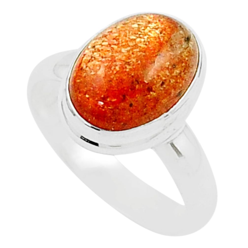 925 silver 4.69cts solitaire natural orange sunstone oval cocktail ring size 6.5 u21897