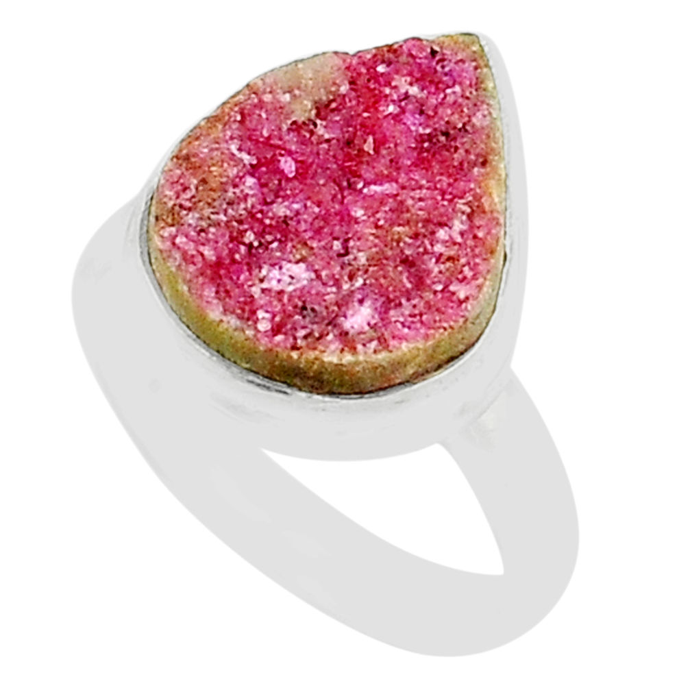 925 silver 6.72cts solitaire natural pink cobalt druzy pear ring size 7 u89131