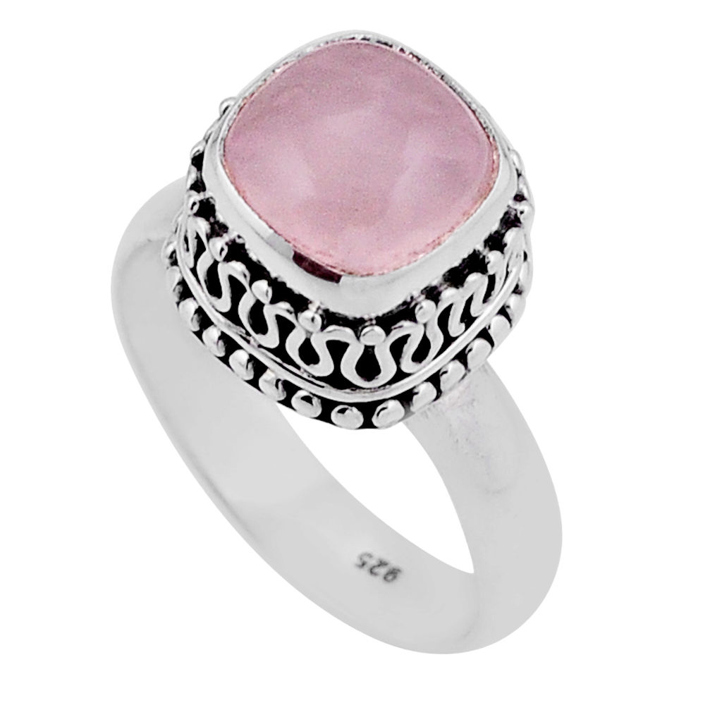 925 silver 5.42cts solitaire natural pink rose quartz cushion ring size 8 n43355