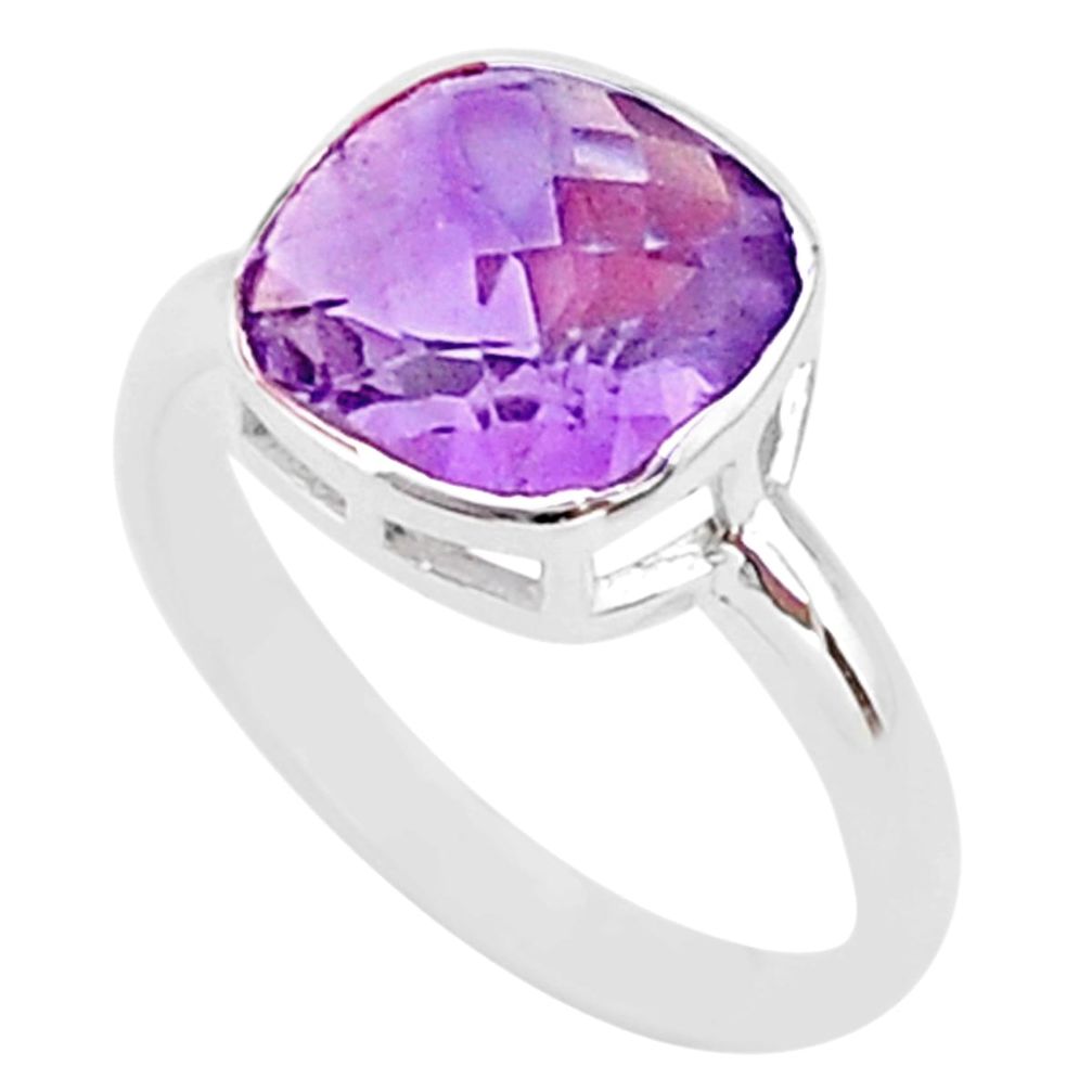 925 silver 4.94cts solitaire natural purple amethyst cushion ring size 7 t36376