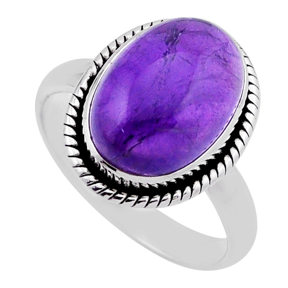 925 silver 6.26cts solitaire natural purple amethyst oval ring size 8.5 n41377