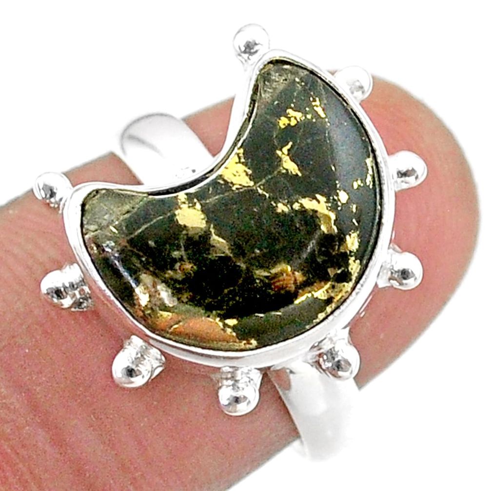 925 silver 5.36cts solitaire natural pyrite in magnetite moon ring size 7 t47856
