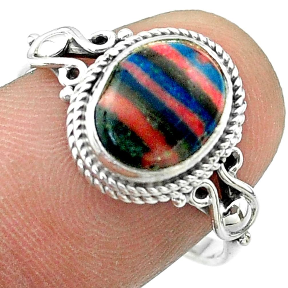 925 silver 3.91cts solitaire natural rainbow calsilica oval ring size 8.5 t57443