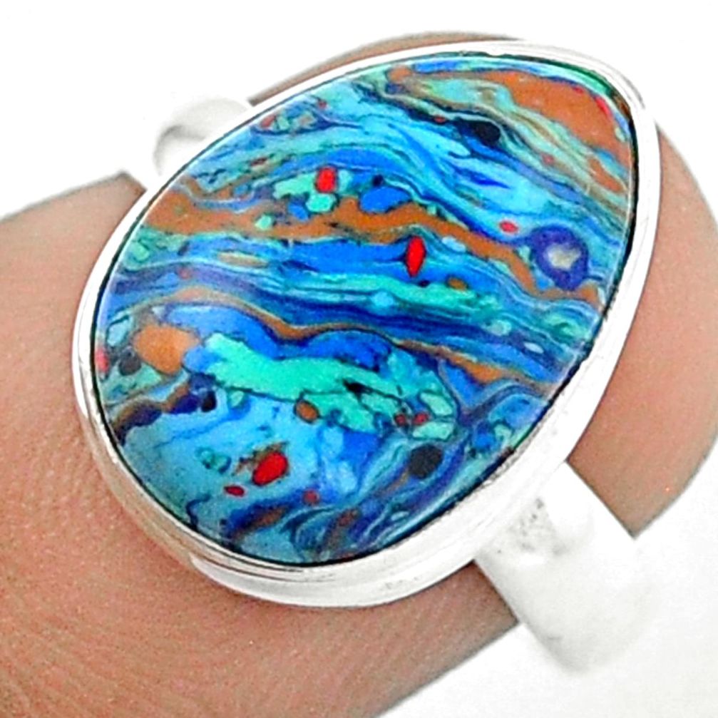 925 silver 6.34cts solitaire natural rainbow calsilica pear ring size 7 u18216