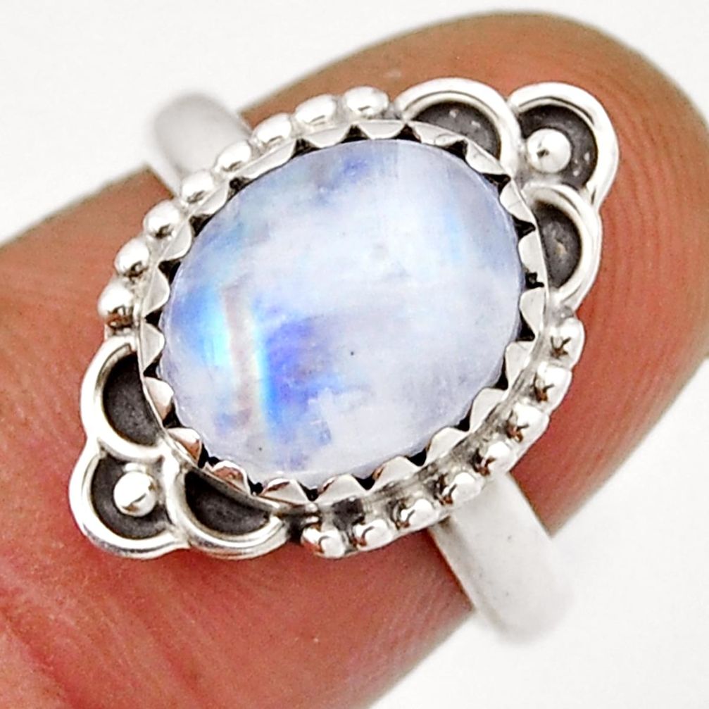 925 silver 4.92cts solitaire natural rainbow moonstone oval ring size 6.5 n30559