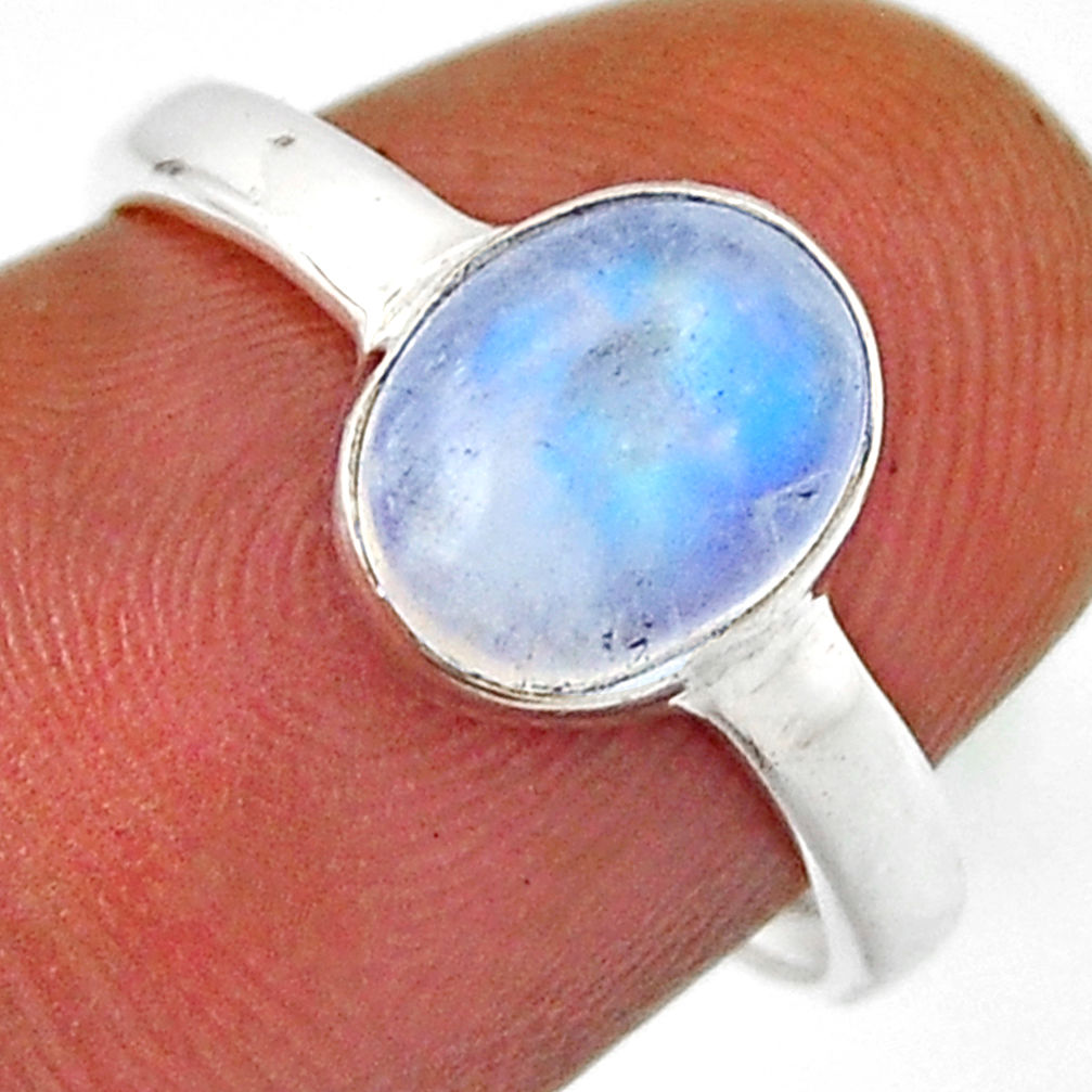 925 silver 2.95cts solitaire natural rainbow moonstone oval ring size 6.5 n37372