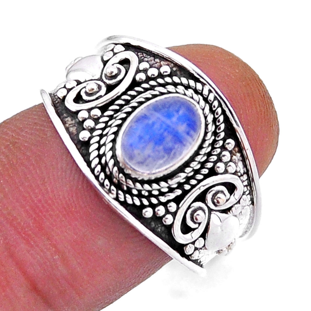 925 silver 1.51cts solitaire natural rainbow moonstone oval ring size 7.5 n53918