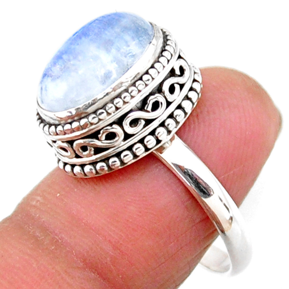 925 silver 5.30cts solitaire natural rainbow moonstone oval ring size 7.5 r51415