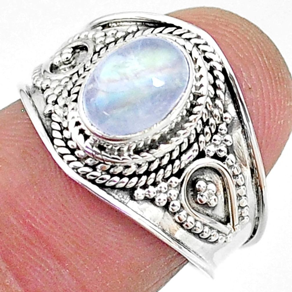 925 silver 2.05cts solitaire natural rainbow moonstone oval ring size 7 t10066