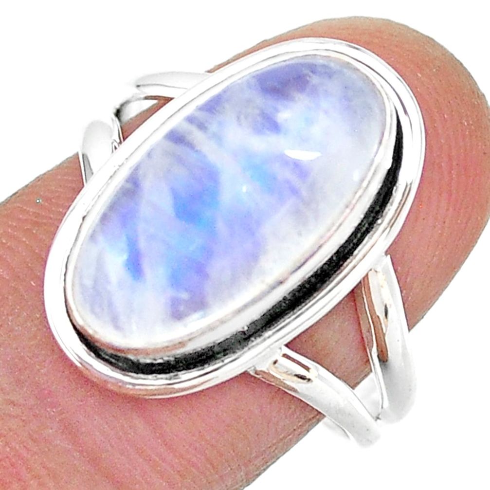 925 silver 6.84cts solitaire natural rainbow moonstone oval ring size 8 t23819