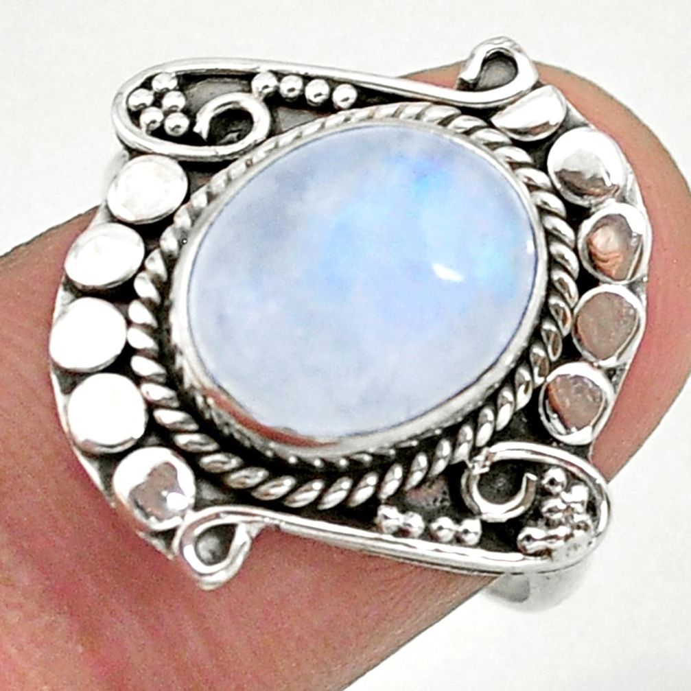 925 silver 4.91cts solitaire natural rainbow moonstone oval ring size 8 t39939