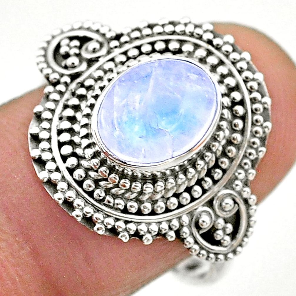 925 silver 3.14cts solitaire natural rainbow moonstone oval ring size 9 t20198