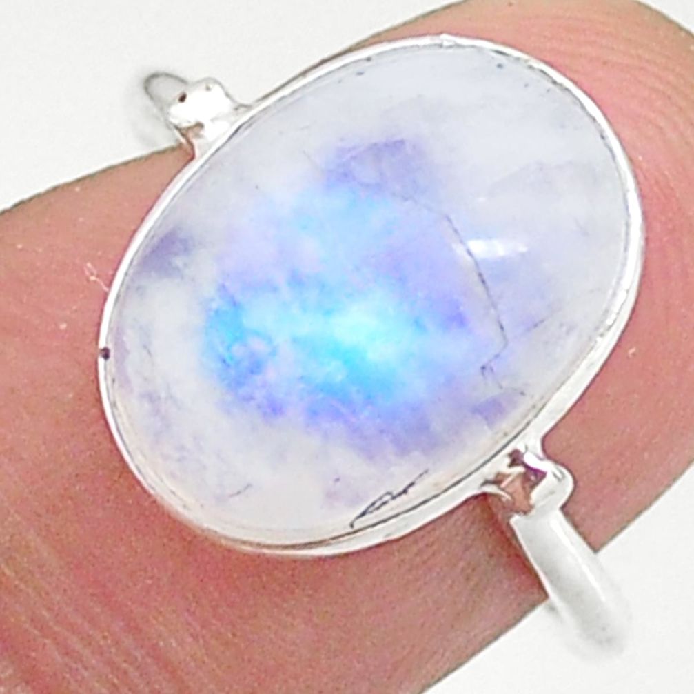 925 silver 6.19cts solitaire natural rainbow moonstone oval ring size 7.5 t34679