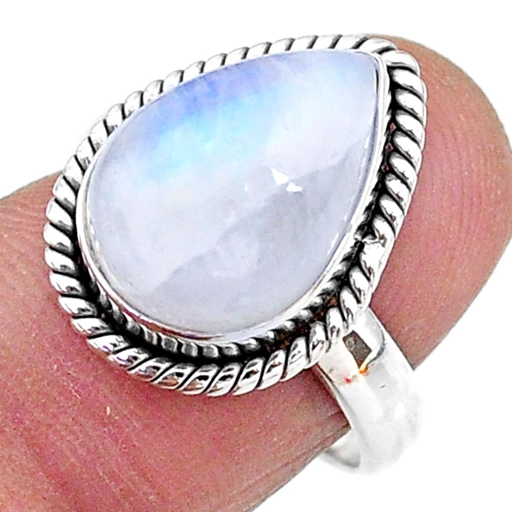 925 silver 6.57cts solitaire natural rainbow moonstone pear ring size 7 t11157