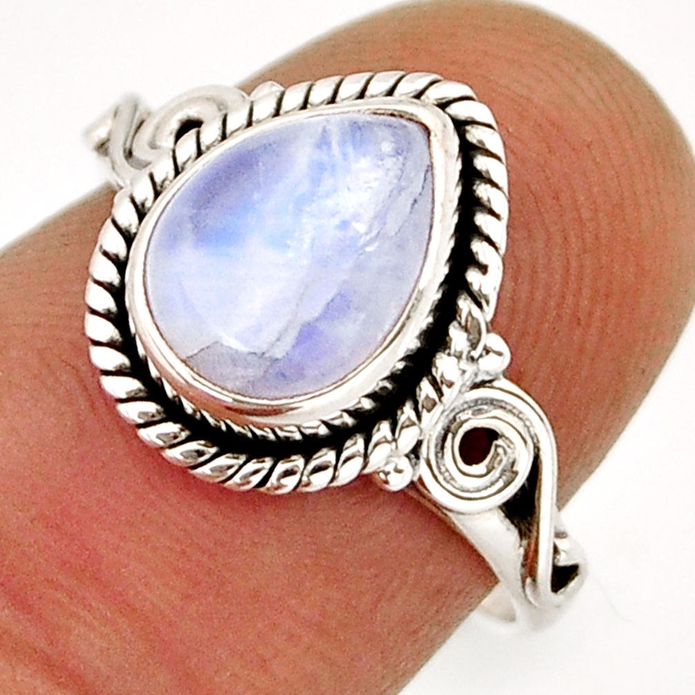 925 silver 2.14cts solitaire natural rainbow moonstone pear ring size 6.5 y76258