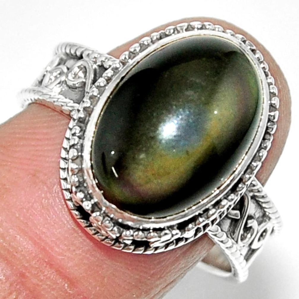 925 silver 6.57cts solitaire natural rainbow obsidian eye ring size 8.5 r52016