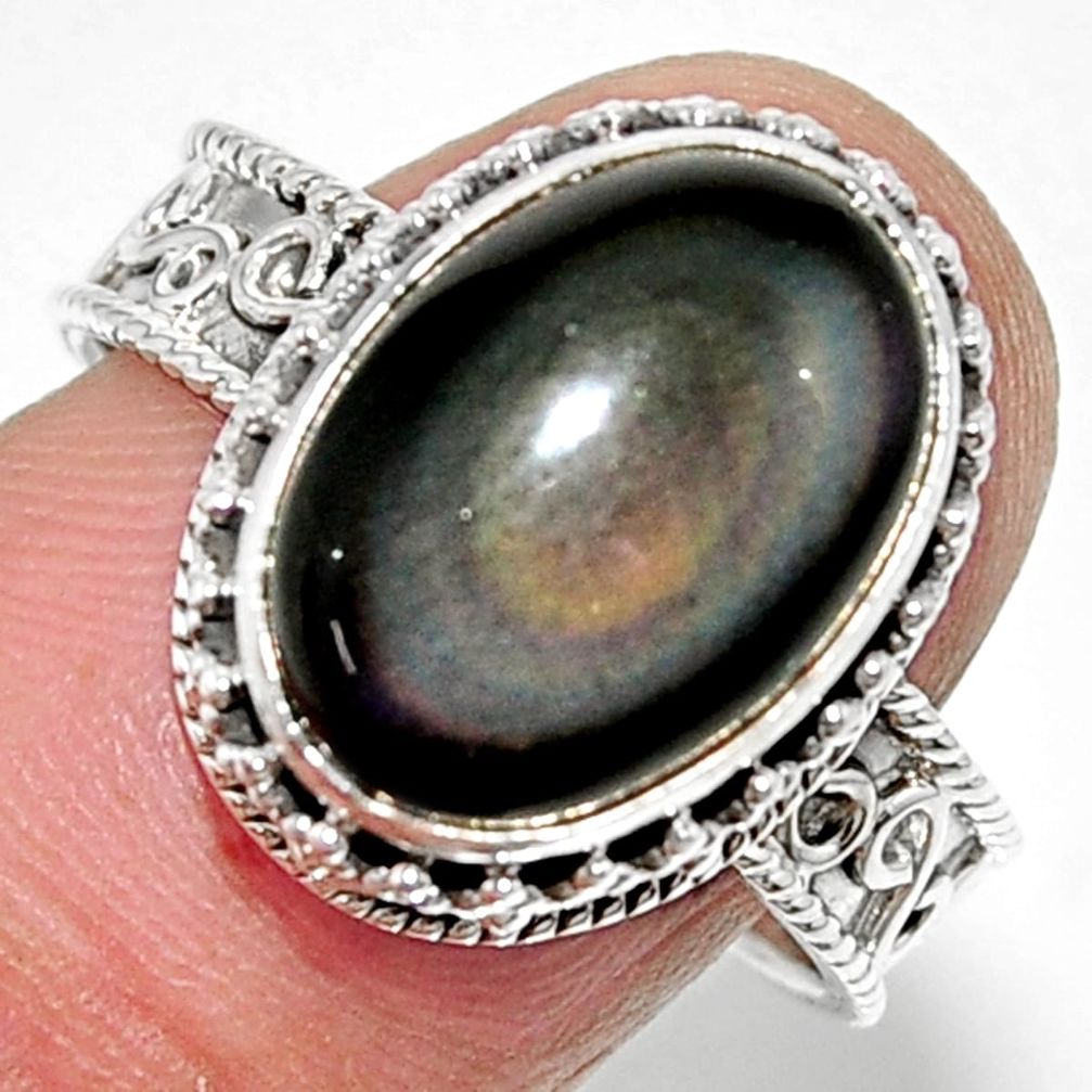 925 silver 6.80cts solitaire natural rainbow obsidian eye ring size 9 r52007