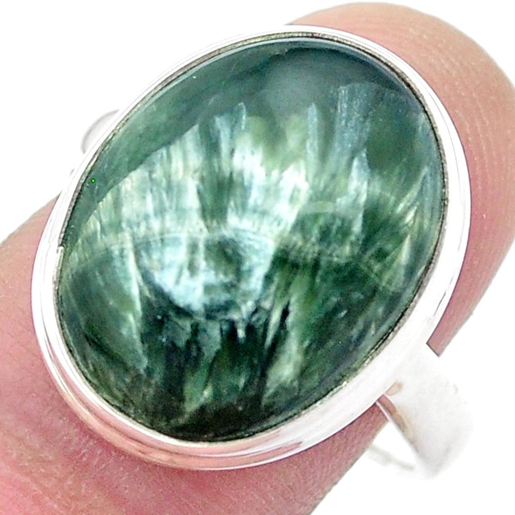 925 silver 13.27cts solitaire natural seraphinite (russian) cocktail ring size 9.5 u43878