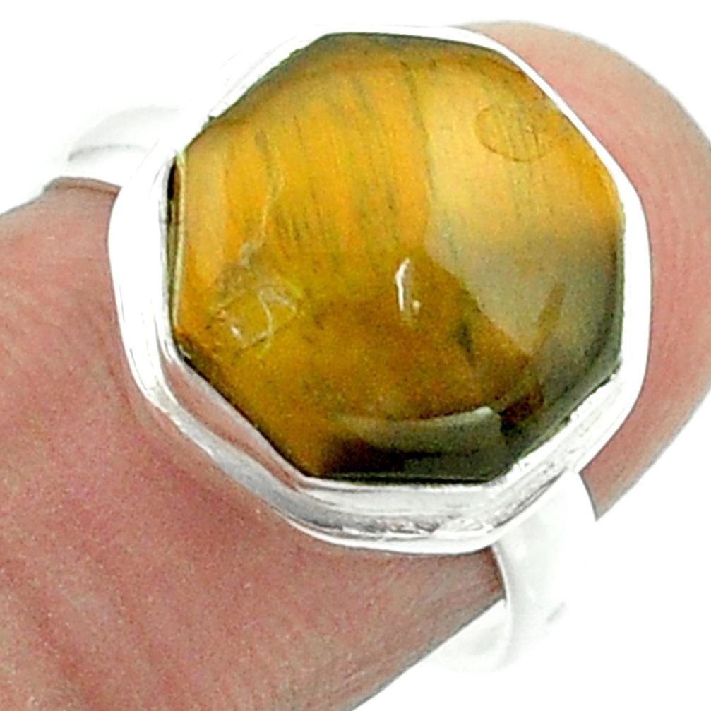 925 silver 6.02cts solitaire natural tiger's eye hexagon ring size 7.5 t55960