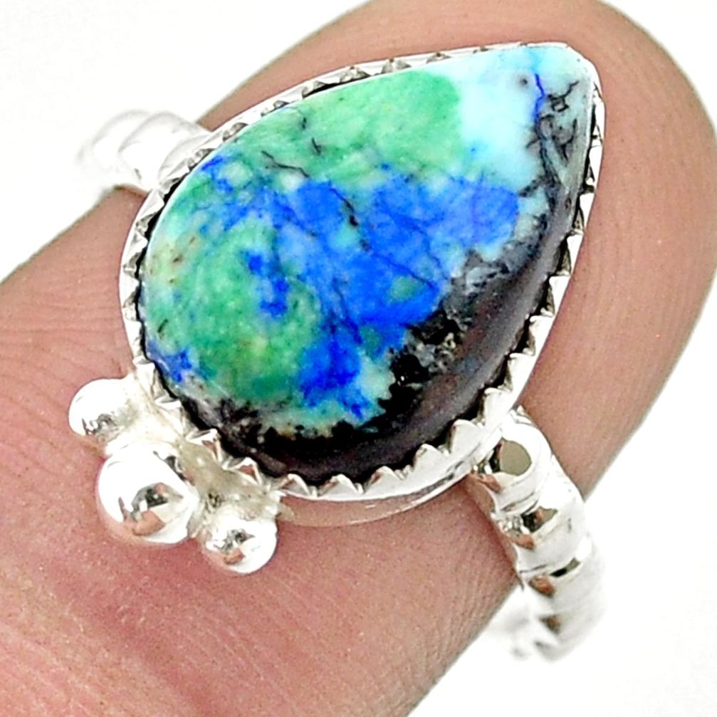 925 silver 7.31cts solitaire natural turquoise azurite pear ring size 7.5 u39577