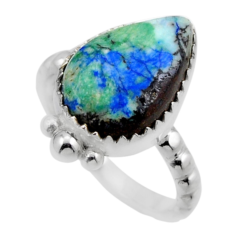 925 silver 7.54cts solitaire natural turquoise azurite pear ring size 7.5 y88580