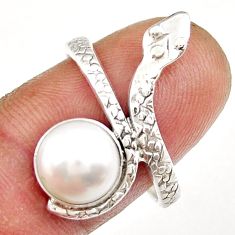 925 silver 3.07cts solitaire natural white pearl round snake ring size 10 y26135
