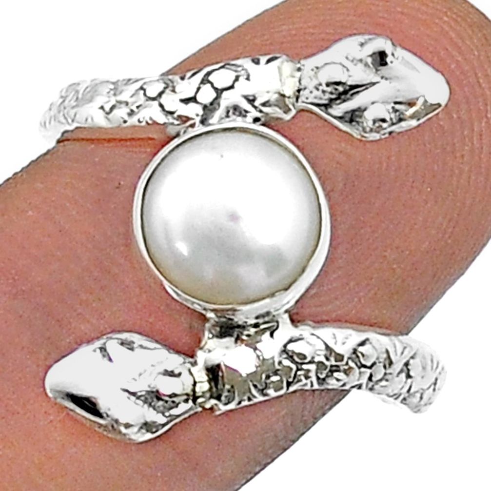 925 silver 3.22cts solitaire natural white pearl round snake ring size 9 u78691