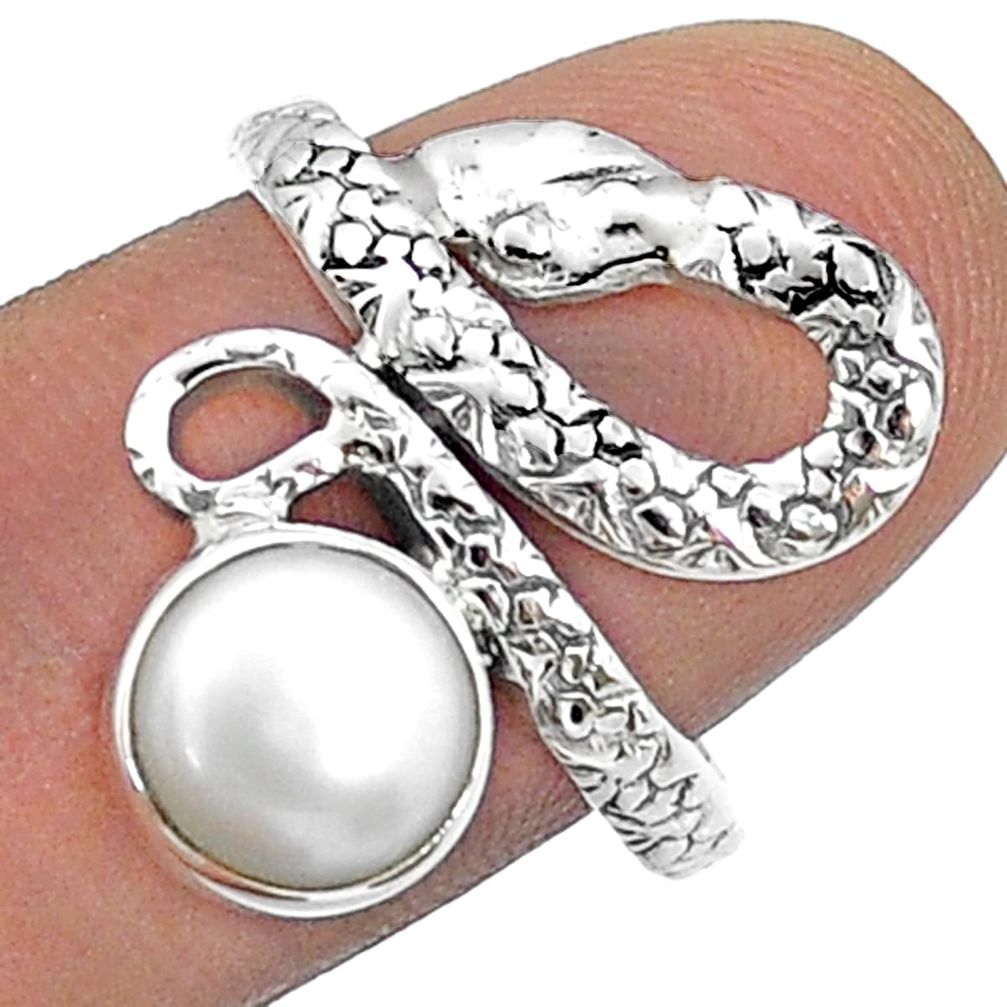 925 silver 3.23cts solitaire natural white pearl snake ring size 7.5 u78683