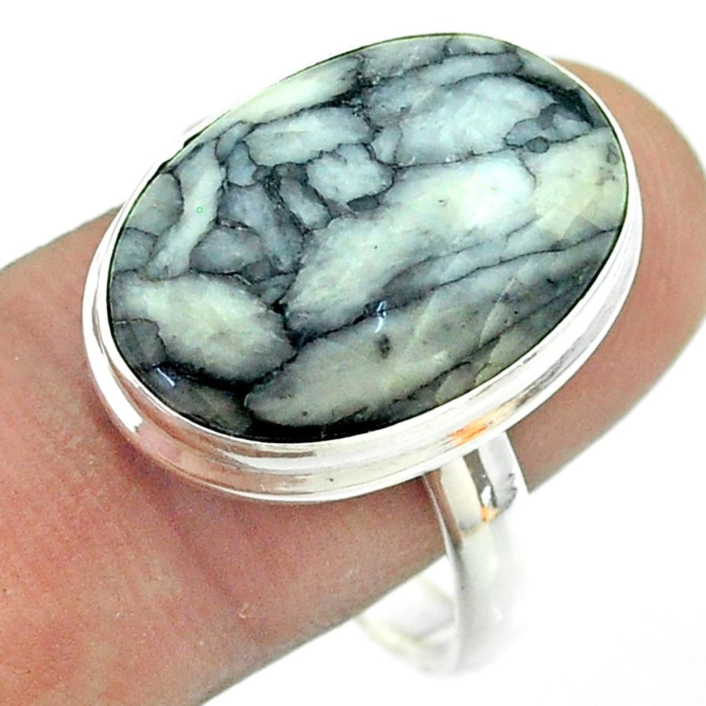 925 silver 14.72cts solitaire natural white pinolith oval ring size 11 t54195