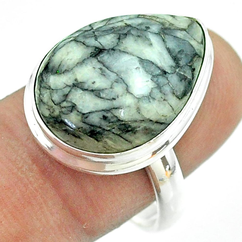 925 silver 14.40cts solitaire natural white pinolith pear ring size 9 t54197