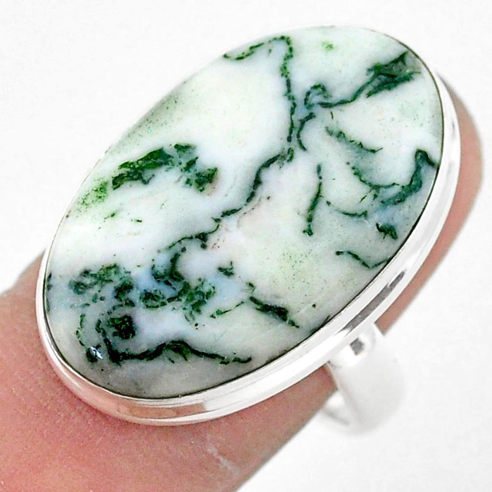 925 silver 18.46cts solitaire natural white tree agate oval ring size 8 t42912