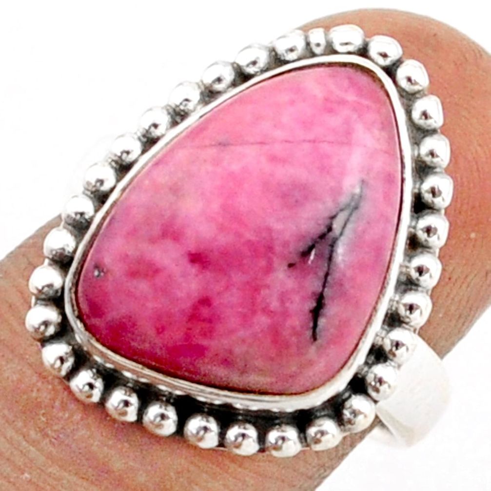 925 silver 10.60cts solitaire rhodonite in black manganese ring size 6.5 t81576