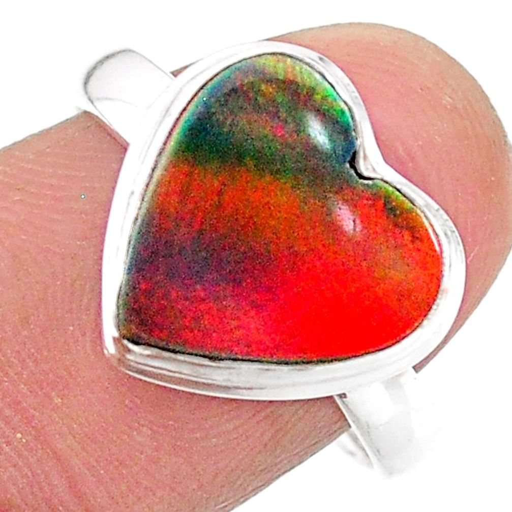 silver 3.66cts solitaire volcano aurora opal (lab) heart ring size 8.5 t25005