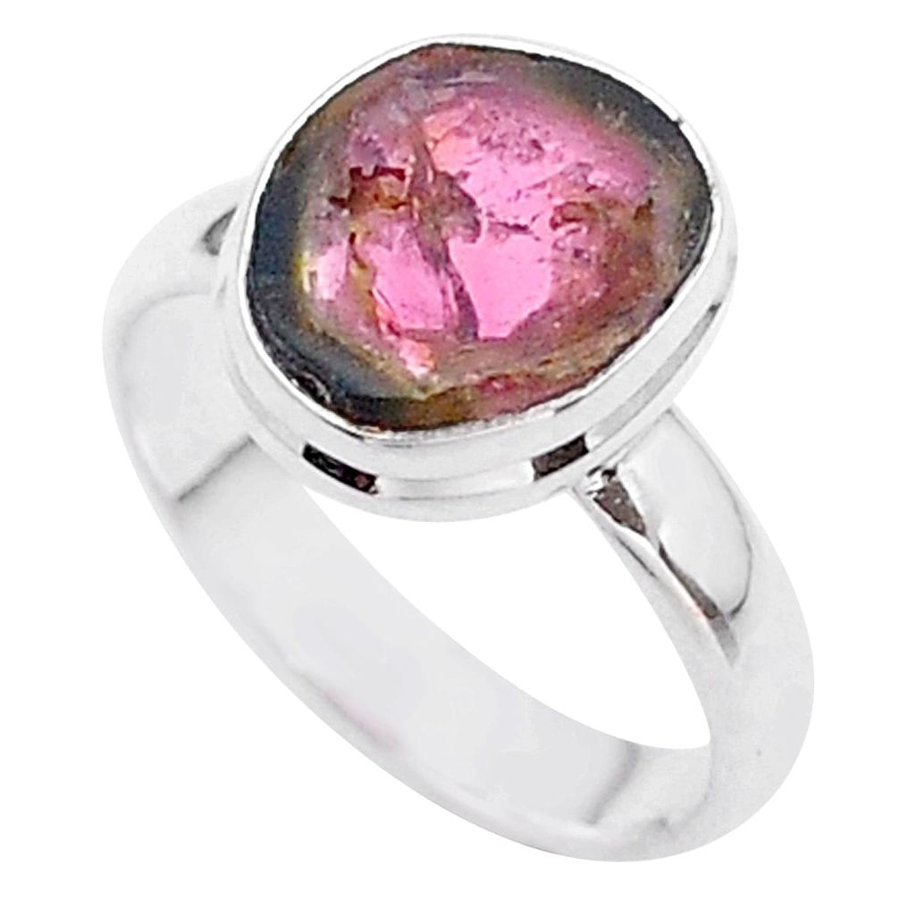 925 silver 4.28cts solitaire watermelon tourmaline slice ring size 7 t46319