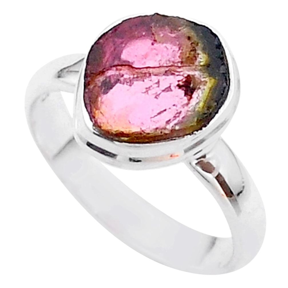 925 silver 4.43cts solitaire watermelon tourmaline slice ring size 8 t46338