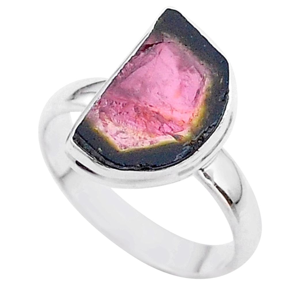 925 silver 6.54cts solitaire watermelon tourmaline slice ring size 9 t46316
