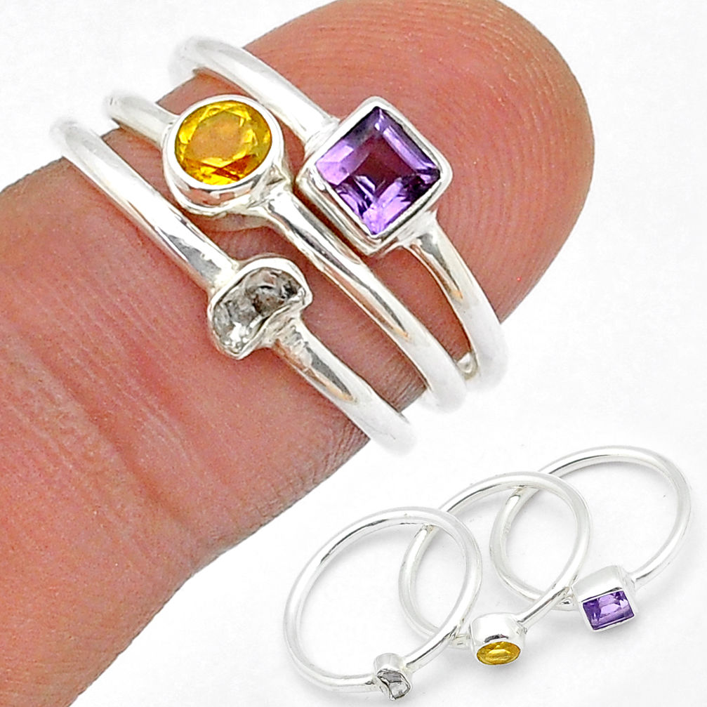 Clearance Sale- 925 silver 2.91cts stackable amethyst uncut diamond flat 3 rings size 6 u72257