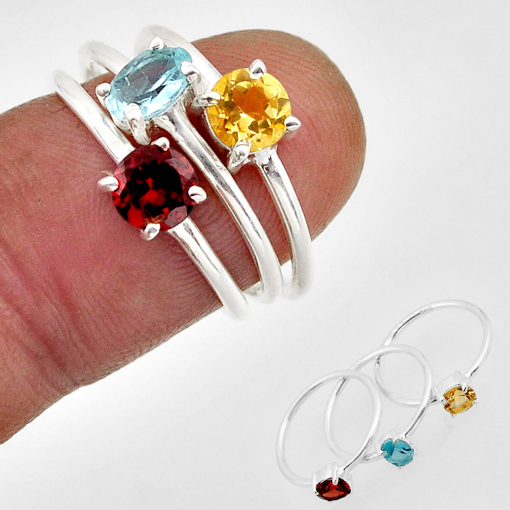 925 silver 2.81cts stackable blue topaz citrine garnet 3 rings size 6.5 y93998