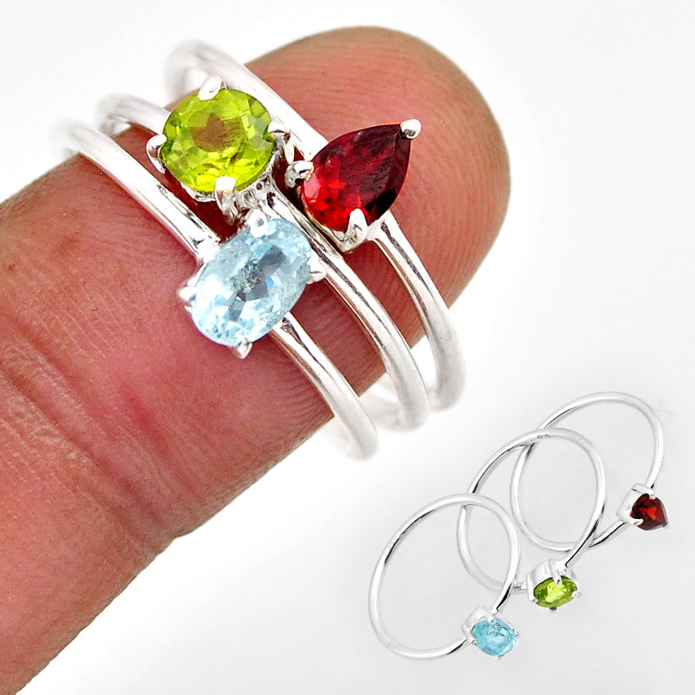 925 silver 2.99cts stackable blue topaz peridot garnet 3 rings size 8.5 n2562