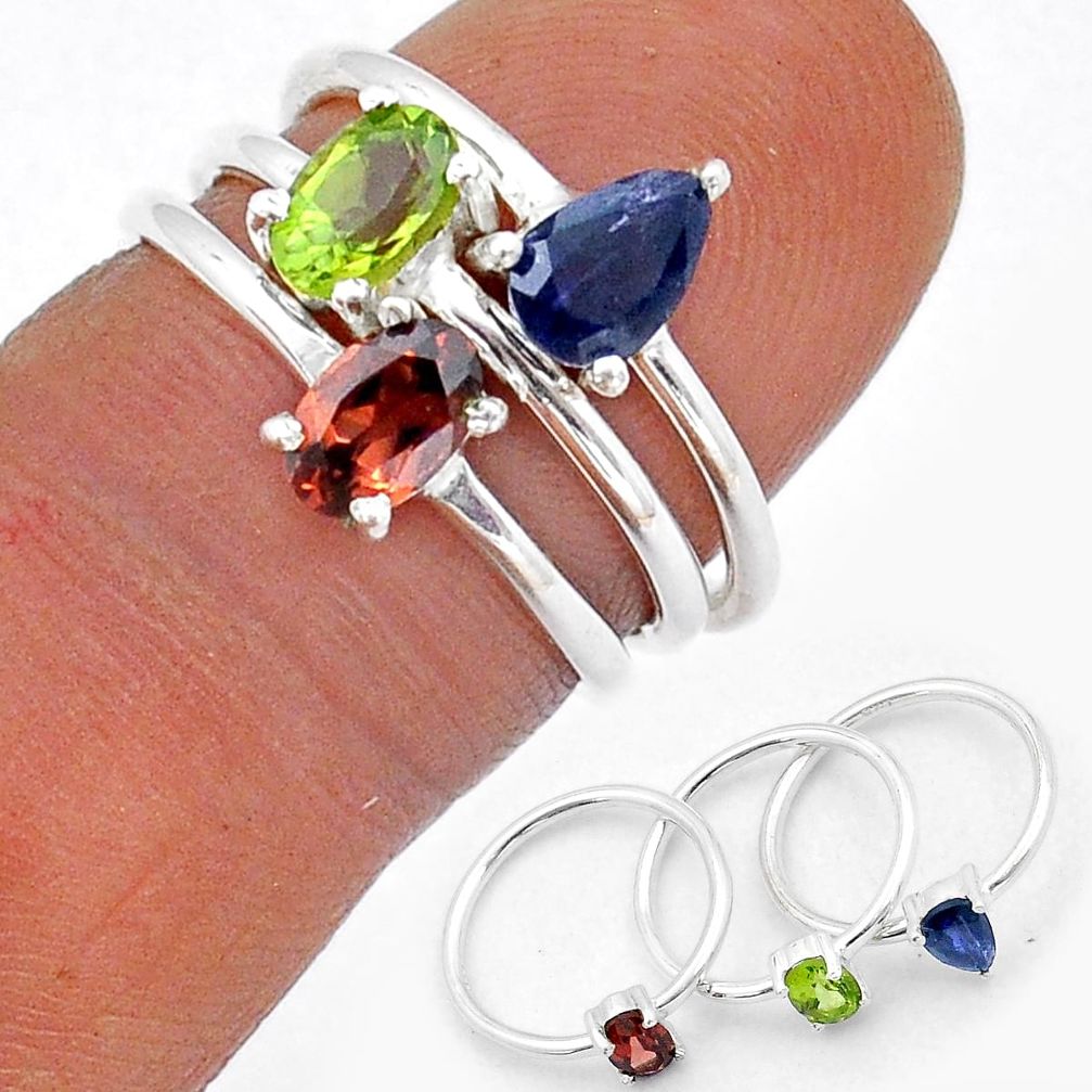925 silver 2.86cts stackable brown iolite garnet peridot 3 ring size 5.5 y1260