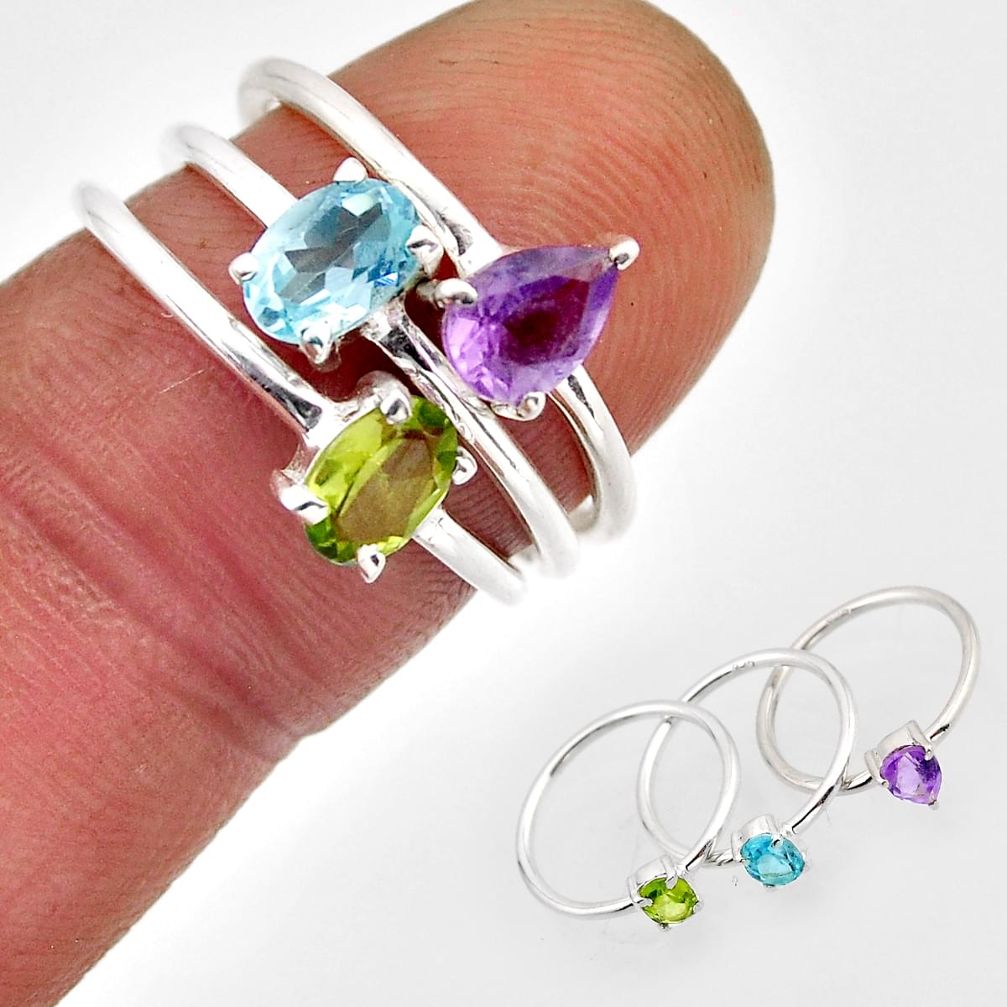 925 silver 2.89cts stackable green peridot amethyst topaz ring size 5.5 n3567
