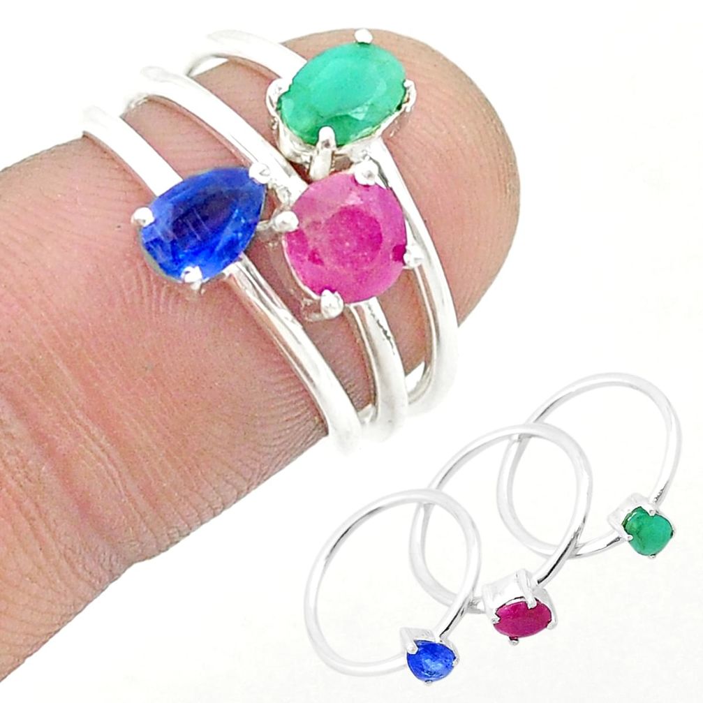 925 silver 2.86cts stackable natural emerald ruby sapphire 3 rings size 6 u32946