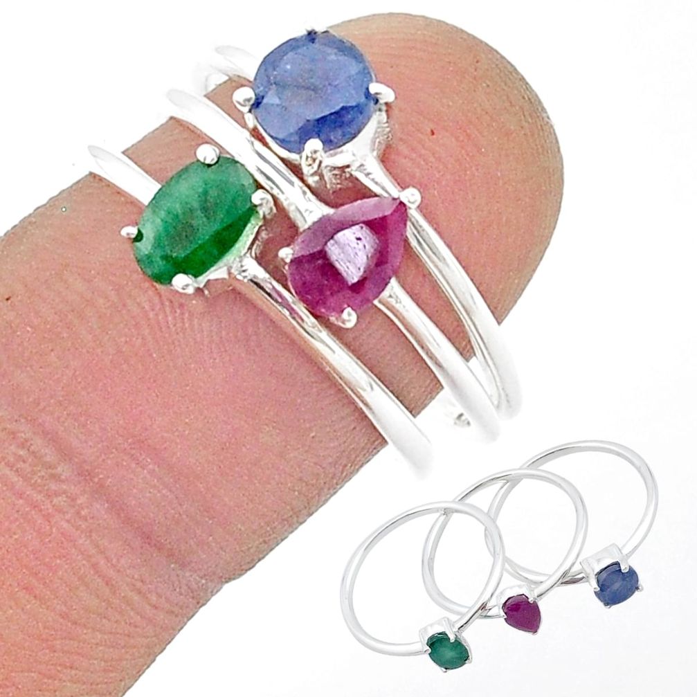 925 silver 2.85cts stackable natural emerald ruby sapphire 3 rings size 8 u41447