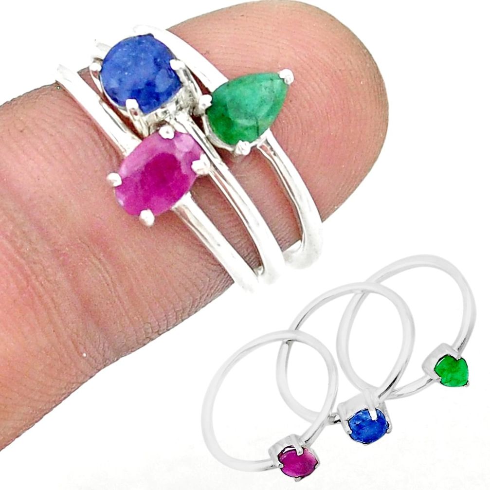 925 silver 2.81cts stackable red ruby emerald sapphire 3 rings size 7 u32956